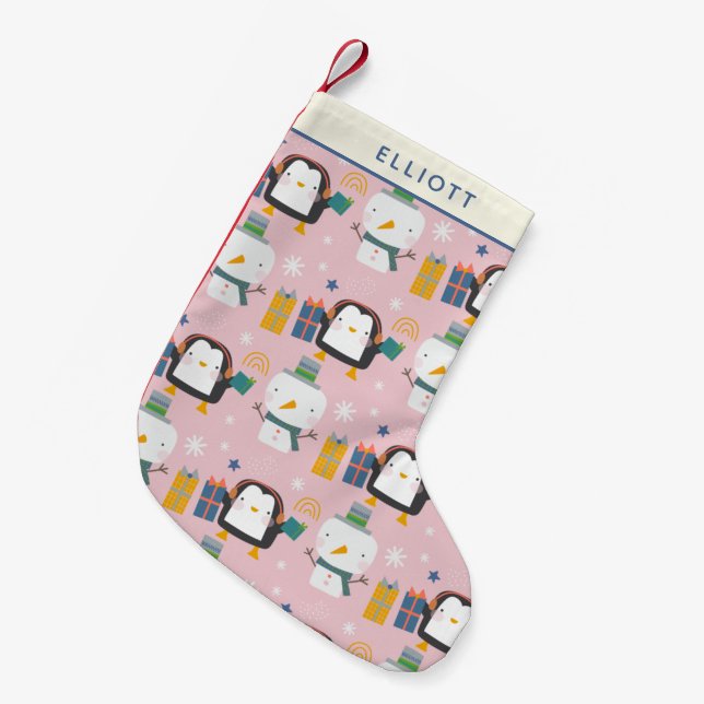 Cute Winter Penguins and Snowman Pink Personalised Small Christmas Stocking (Front (Hanging))