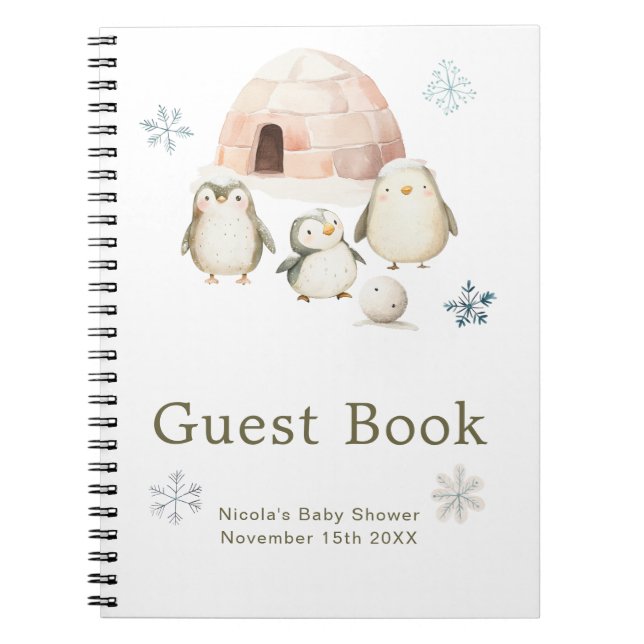 Cute Winter Penguins Baby Shower Guest Book (Front)
