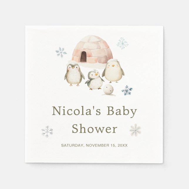 Cute Winter Penguins Baby Shower Napkin (Front)