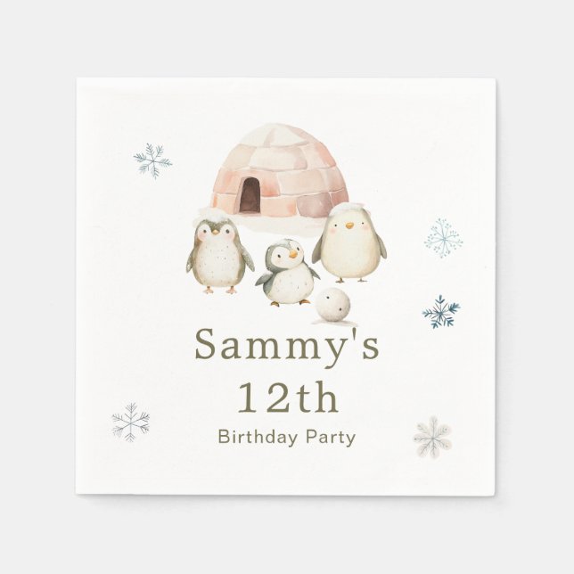 Cute Winter Penguins Birthday Party Napkin (Front)
