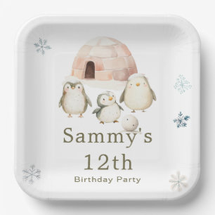 Cute Winter Penguins Birthday Party Paper Plate