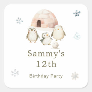 Cute Winter Penguins Birthday Party Square Sticker