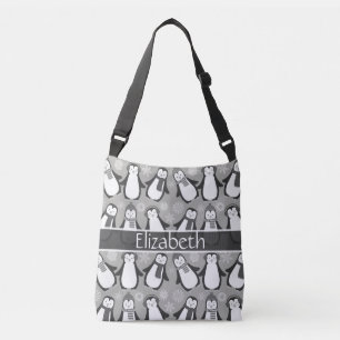 Cute Winter Penguins Design Add Name   Grey Crossbody Bag
