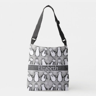Cute Winter Penguins Design Add Name | Grey Crossbody Bag