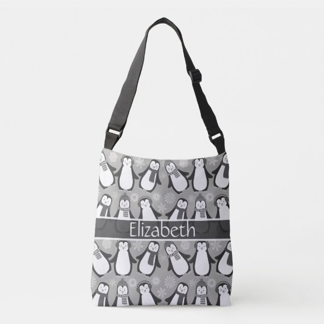 Cute Winter Penguins Design Add Name | Grey Crossbody Bag (Front)