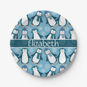 Cute Winter Penguins Design Add Name Paper Plate