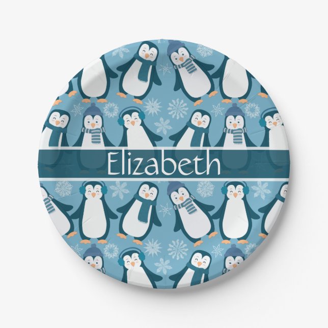Cute Winter Penguins Design Add Name Paper Plate (Front)