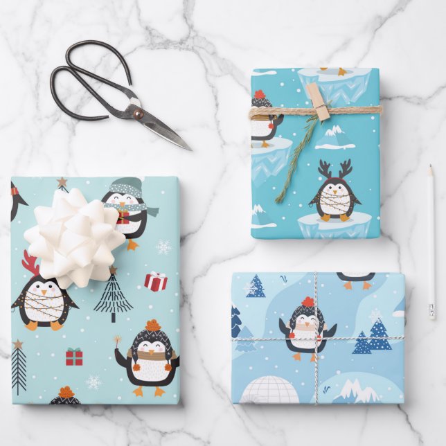 Cute Winter Penguins in Three Patterns Wrapping Paper Sheet (Front)
