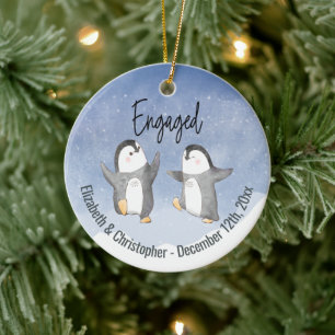 Cute Winter Penguins Monogrammed Engaged Ceramic Tree Decoration