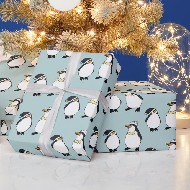 Cute Winter Penguins on Powder Blue Pattern Wrapping Paper (Holidays)