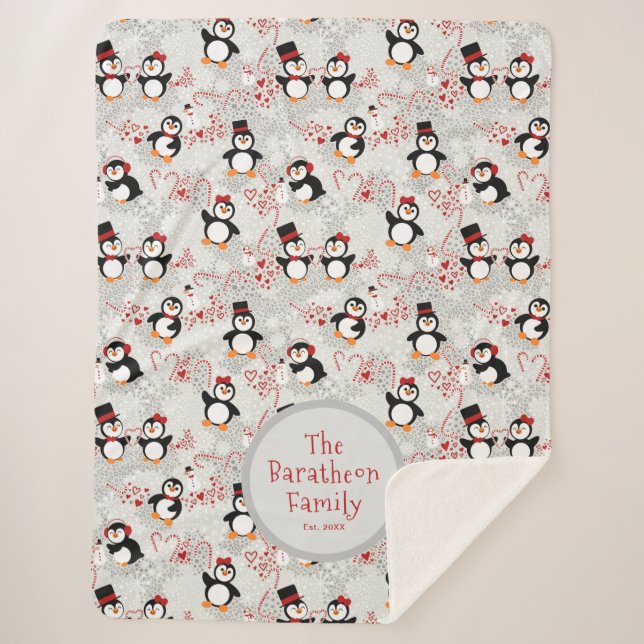 Cute Winter Penguins Personalised Family Name Sherpa Blanket (Front)