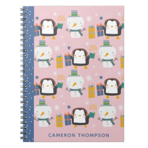 Cute Winter Penguins Snowman Pink Personalised Notebook