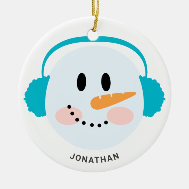   Cute Winter Personalised Snowman Face Christmas  Ceramic Tree Decoration (Front)