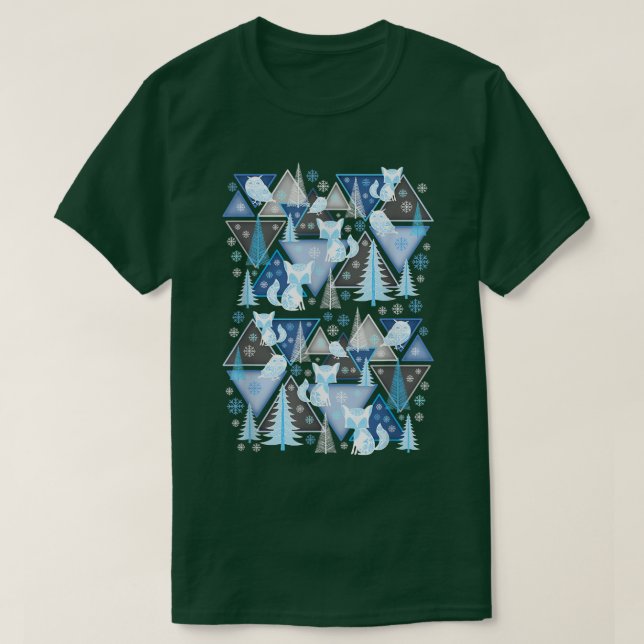 Cute Winter Pine Trees Fox Owl Snowflake Abstract  T-Shirt (Design Front)