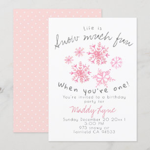 Cute winter pink snowflake 1st birthday invite