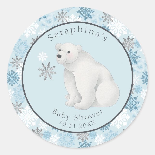 Cute Winter Polar Bear Baby Shower Classic Round Sticker (Front)