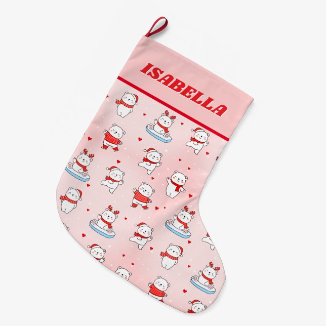 Cute Winter Polar Bear Christmas Large Christmas Stocking (Front (Hanging))