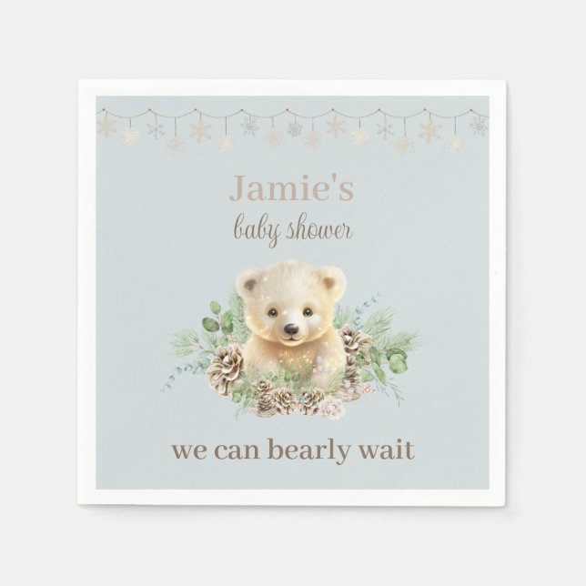 Cute Winter Polar Bear Cub Blue Boy Baby Shower Napkin (Front)