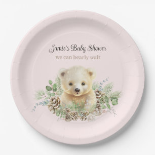 Cute Winter Polar Bear Pink Girl Baby Shower Paper Plate