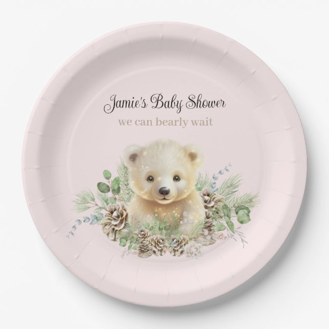 Cute Winter Polar Bear Pink Girl Baby Shower Paper Plate (Front)