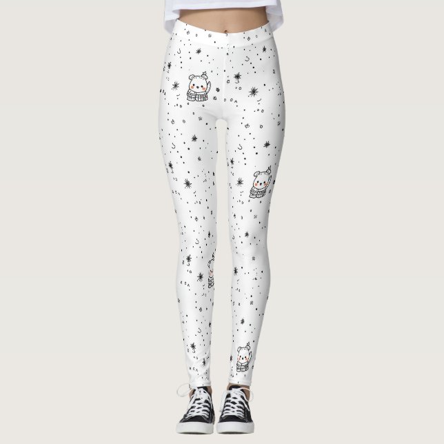 Cute Winter Polar Bear Snowflake Leggings (Front)