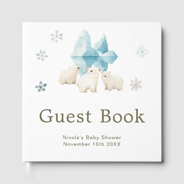 Cute Winter Polar Bears Baby Shower Guest Book (Front)