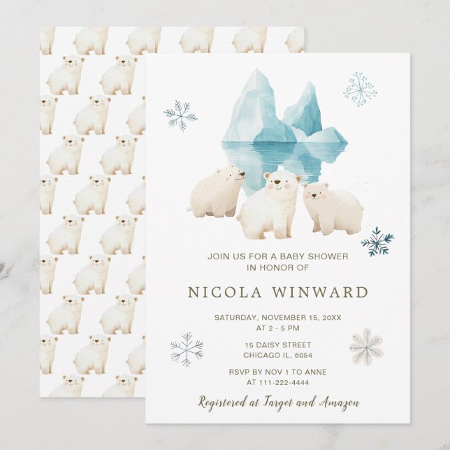Cute Winter Polar Bears Baby Shower Invitation (Front/Back)
