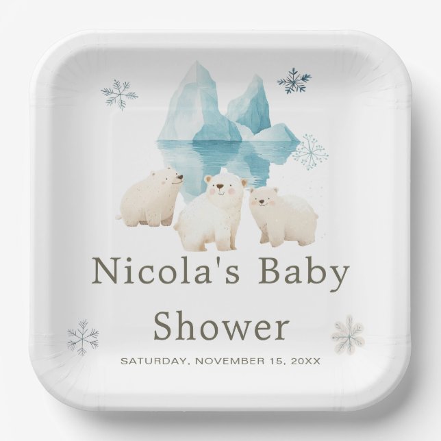 Cute Winter Polar Bears Baby Shower Paper Plate (Front)