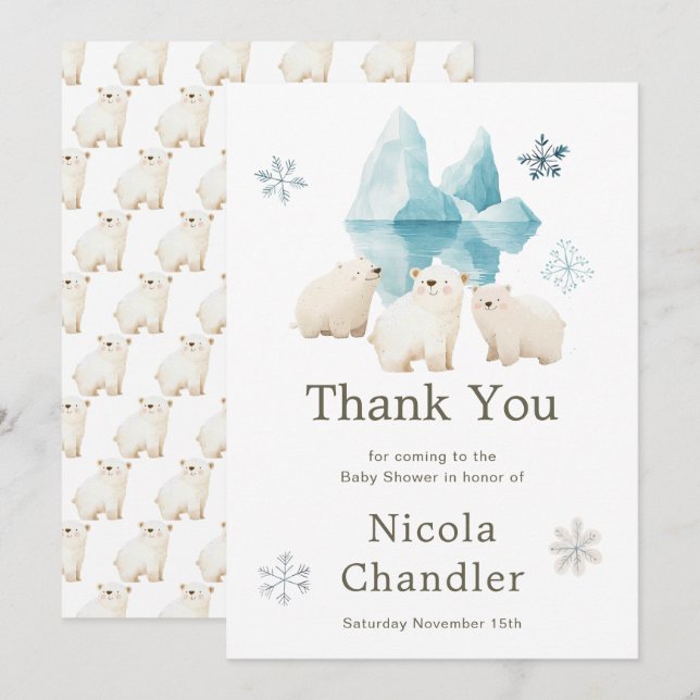 Cute Winter Polar Bears Baby Shower Thank You Card (Front/Back)