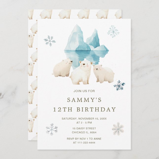 Cute Winter Polar Bears Birthday Party Invitation (Front/Back)