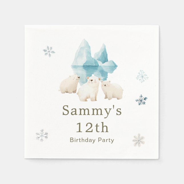 Cute Winter Polar Bears Birthday Party Napkin (Front)