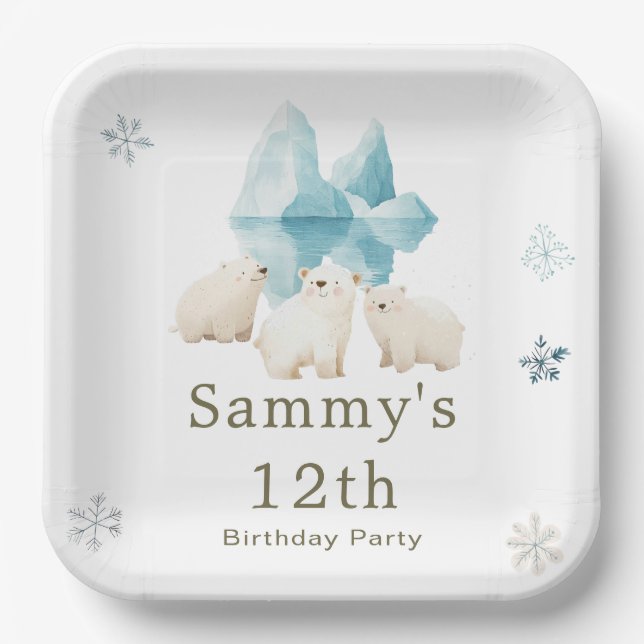 Cute Winter Polar Bears Birthday Party Paper Plate (Front)