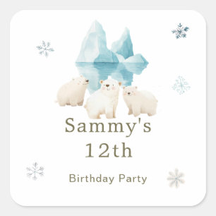Cute Winter Polar Bears Birthday Party Square Sticker