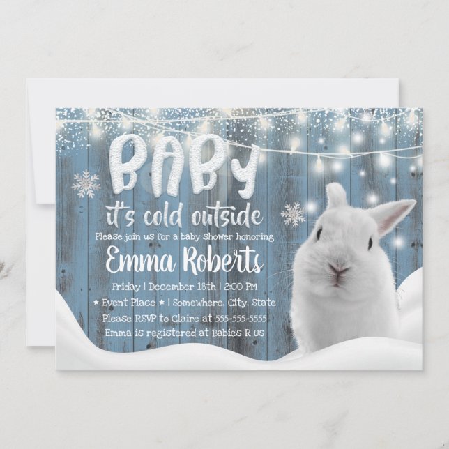 Cute Winter Rabbit Dusty Blue Barn Baby Shower Invitation (Front)