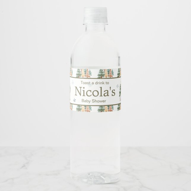 Cute Winter Rabbits Baby Shower Water Bottle Label (Front)