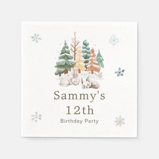 Cute Winter Rabbits Birthday Party Napkin (Front)