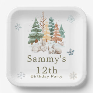 Cute Winter Rabbits Birthday Party Paper Plate