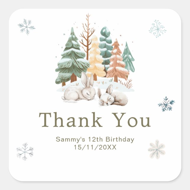 Cute Winter Rabbits Birthday Party Square Sticker (Front)