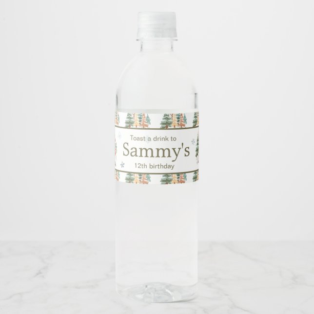 Cute Winter Rabbits Birthday Party Water Bottle Label (Front)