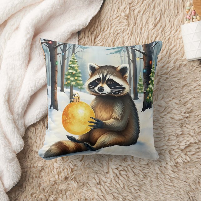 Cute Winter Raccoon with Gold Ornament Christmas Cushion (Blanket)