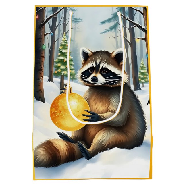 Cute Winter Raccoon with Gold Ornament Christmas Medium Gift Bag (Back)