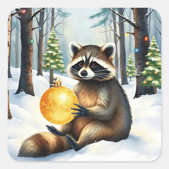 Cute Winter Raccoon with Gold Ornament Christmas Square Sticker (Front)