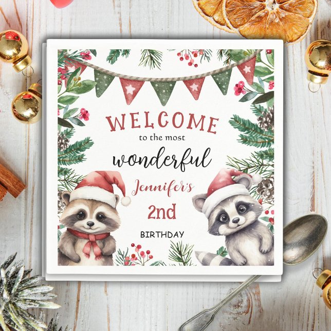 Cute Winter Racoon Christmas 2nd Birthday Napkin (Creator Uploaded)
