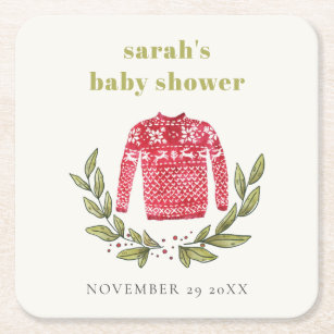 Cute Winter Red Green Ugly Sweater Baby Shower Square Paper Coaster