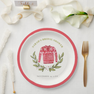 Cute Winter Red Green Ugly Sweater Bridal Shower Paper Plate