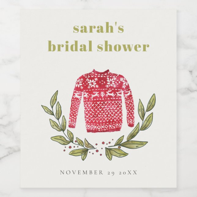 Cute Winter Red Green Ugly Sweater Bridal Shower Wine Label (Single Label)