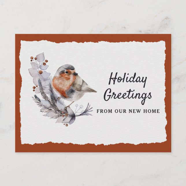 Cute Winter Robin Rust Grey Holiday Moving Announc Announcement Postcard (Front)