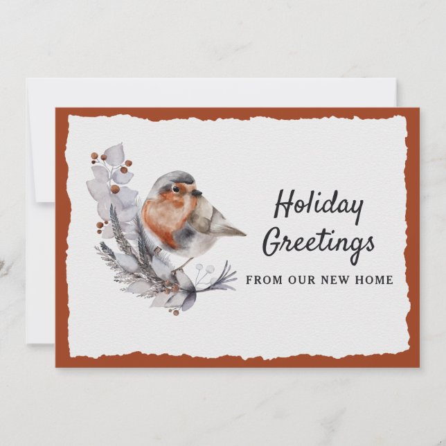 Cute Winter Robin Rust Grey Holiday Moving Announcement (Front)