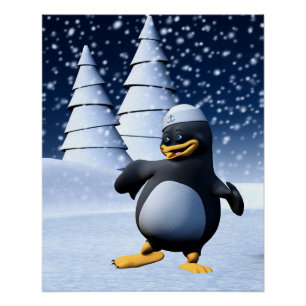 Cute Winter Sailor Penguin Snowy Holiday Art Poster