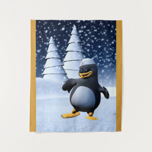 Cute Winter Sailor Penguin Snowy Holiday Art Tapestry